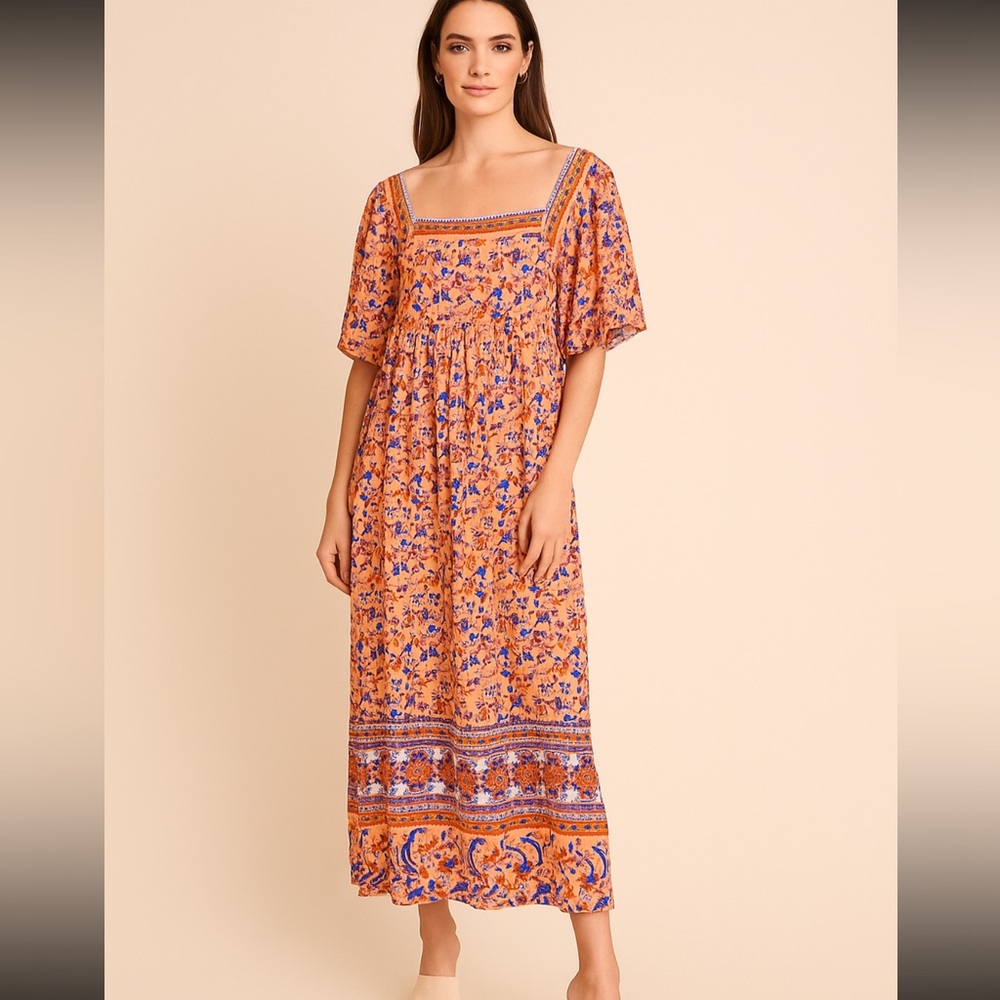 Umgee Boho Orange Blue Floral Midi Dress